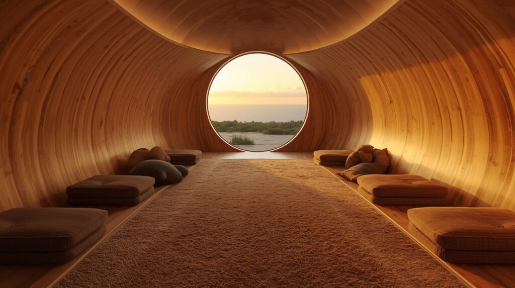 Intérieur d'un abri en bois ouvert sur l'horizon (image d'intention)