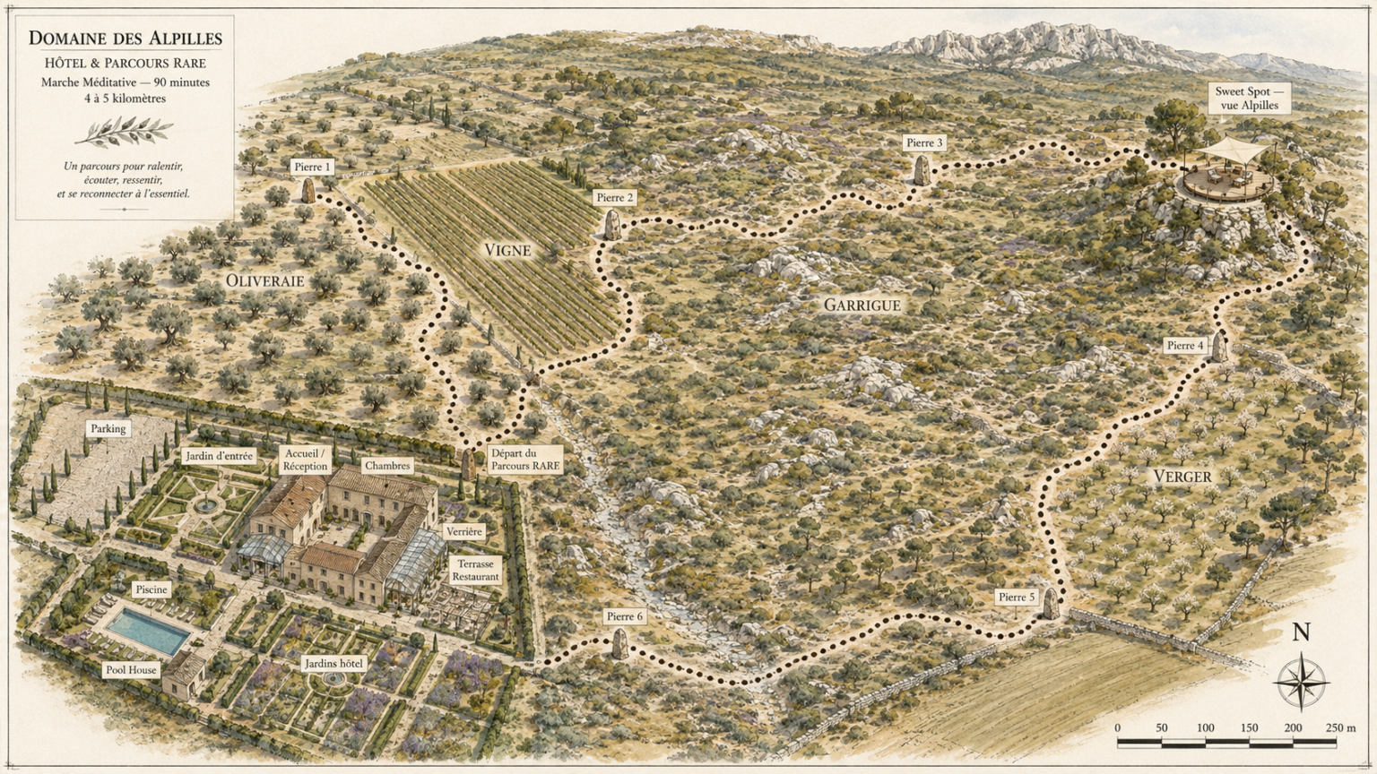 Plan d'un parcours à travers vignes et garrigue