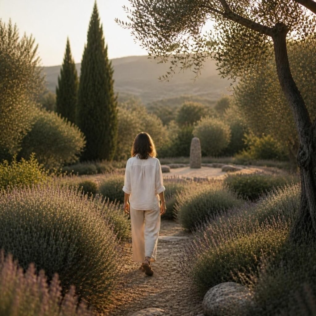 Personne marchant dans un jardin de lavandes vers une pierre dressée (image d'intention)